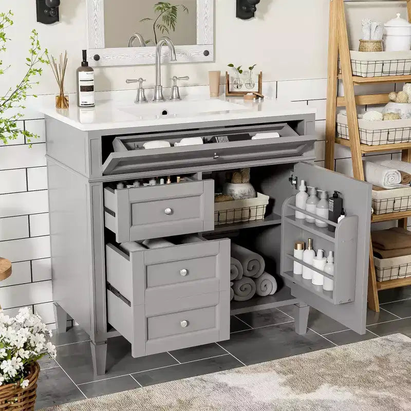 36 Single Sink Bathroom Vanity, Freestanding Vanity with 2 Drawers and 1 Tip-Out Drawer, Wood Bathroom Cabinet with Ceramic Basin Sink Top