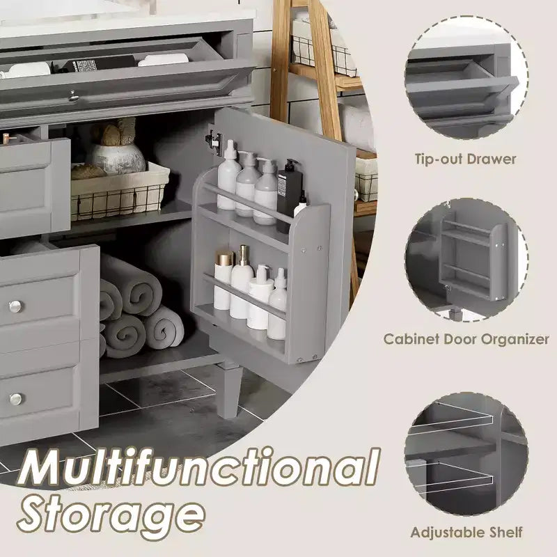 36 Single Sink Bathroom Vanity, Freestanding Vanity with 2 Drawers and 1 Tip-Out Drawer, Wood Bathroom Cabinet with Ceramic Basin Sink Top