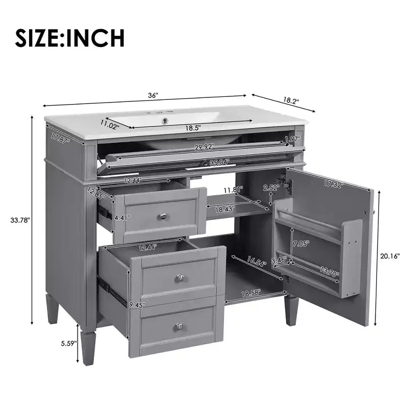 36 Single Sink Bathroom Vanity, Freestanding Vanity with 2 Drawers and 1 Tip-Out Drawer, Wood Bathroom Cabinet with Ceramic Basin Sink Top
