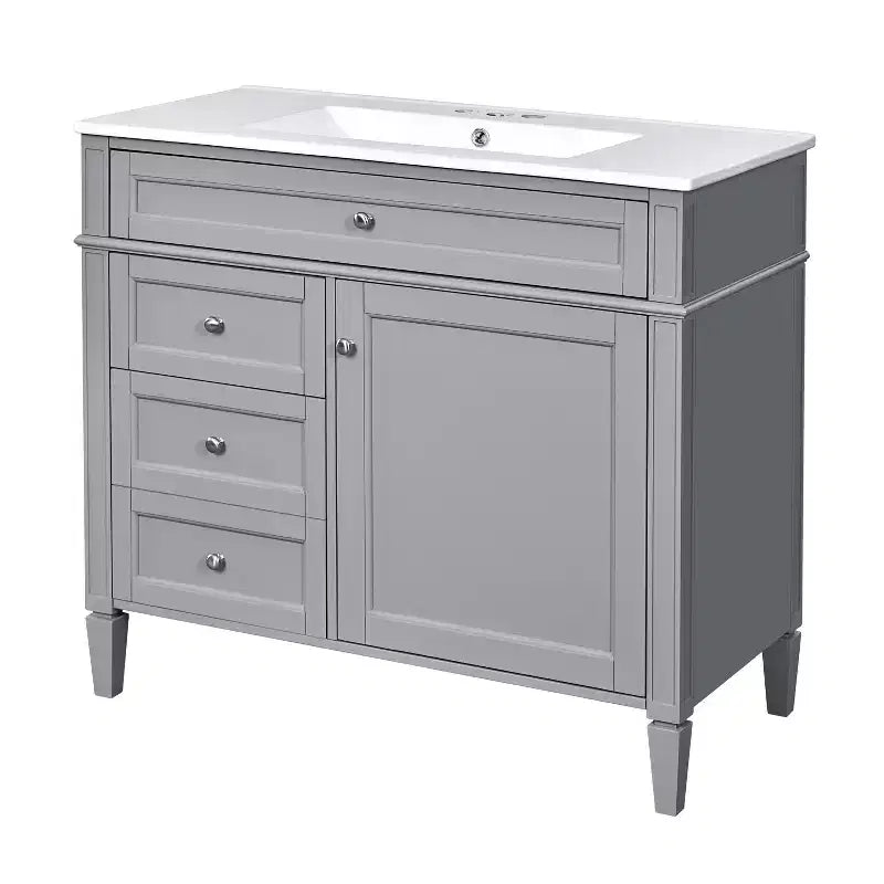36 Single Sink Bathroom Vanity, Freestanding Vanity with 2 Drawers and 1 Tip-Out Drawer, Wood Bathroom Cabinet with Ceramic Basin Sink Top