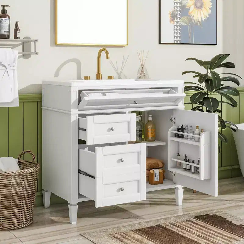 36 Single Sink Bathroom Vanity, Freestanding Vanity with 2 Drawers and 1 Tip-Out Drawer, Wood Bathroom Cabinet with Ceramic Basin Sink Top