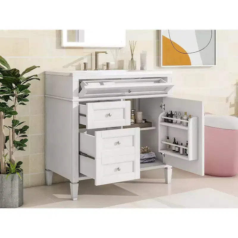 36 Single Sink Bathroom Vanity, Freestanding Vanity with 2 Drawers and 1 Tip-Out Drawer, Wood Bathroom Cabinet with Ceramic Basin Sink Top