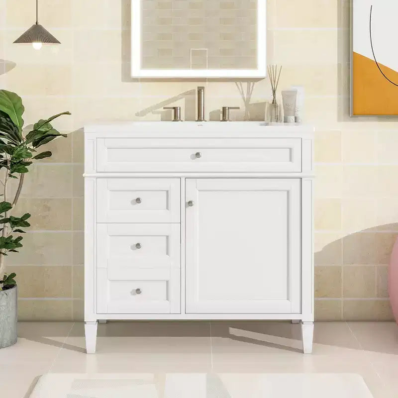 36 Single Sink Bathroom Vanity, Freestanding Vanity with 2 Drawers and 1 Tip-Out Drawer, Wood Bathroom Cabinet with Ceramic Basin Sink Top