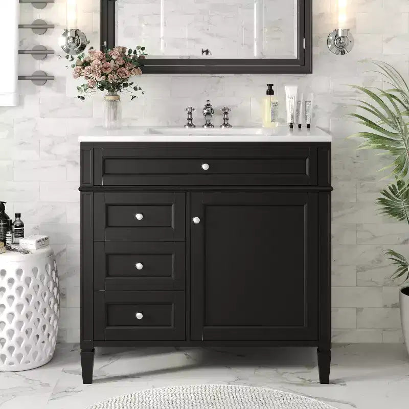 36 Single Sink Bathroom Vanity, Freestanding Vanity with 2 Drawers and 1 Tip-Out Drawer, Wood Bathroom Cabinet with Ceramic Basin Sink Top