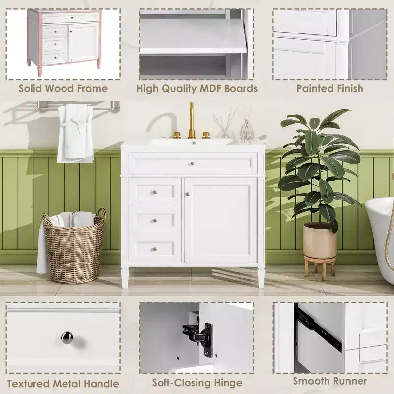 36 Single Sink Bathroom Vanity, Freestanding Vanity with 2 Drawers and 1 Tip-Out Drawer, Wood Bathroom Cabinet with Ceramic Basin Sink Top