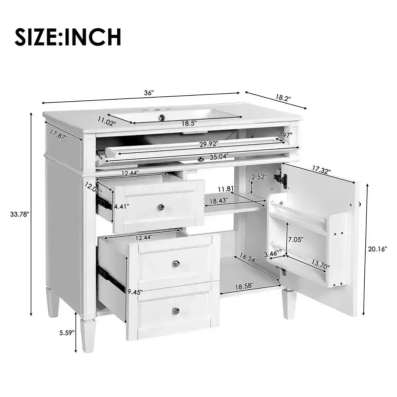36 Single Sink Bathroom Vanity, Freestanding Vanity with 2 Drawers and 1 Tip-Out Drawer, Wood Bathroom Cabinet with Ceramic Basin Sink Top