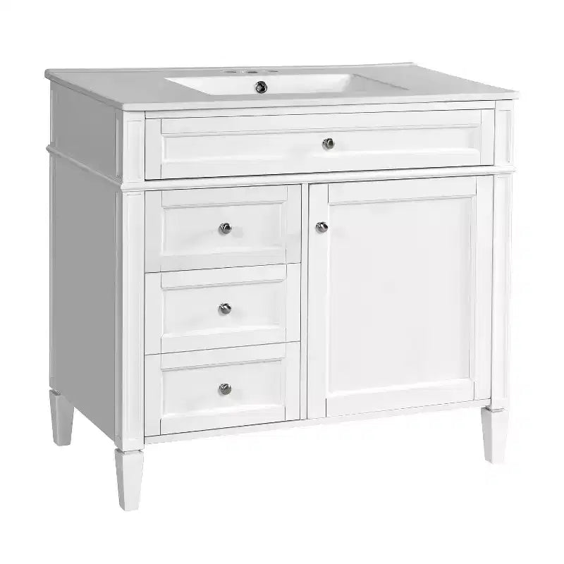 36 Single Sink Bathroom Vanity, Freestanding Vanity with 2 Drawers and 1 Tip-Out Drawer, Wood Bathroom Cabinet with Ceramic Basin Sink Top