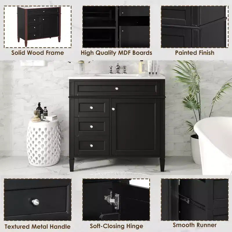 36 Single Sink Bathroom Vanity, Freestanding Vanity with 2 Drawers and 1 Tip-Out Drawer, Wood Bathroom Cabinet with Ceramic Basin Sink Top