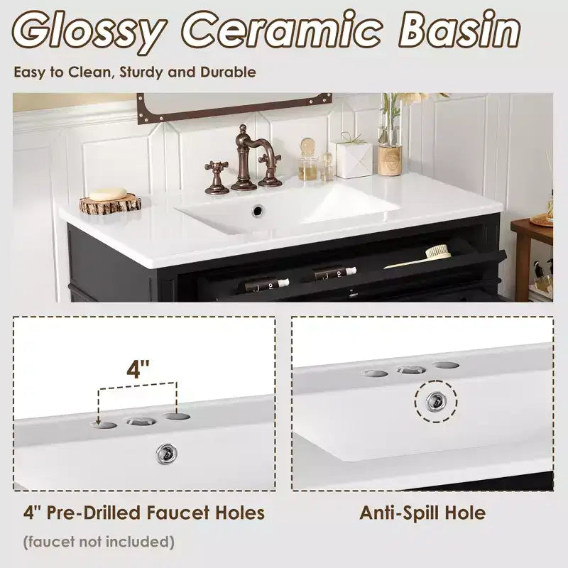 36 Single Sink Bathroom Vanity, Freestanding Vanity with 2 Drawers and 1 Tip-Out Drawer, Wood Bathroom Cabinet with Ceramic Basin Sink Top