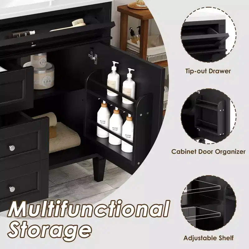 36 Single Sink Bathroom Vanity, Freestanding Vanity with 2 Drawers and 1 Tip-Out Drawer, Wood Bathroom Cabinet with Ceramic Basin Sink Top