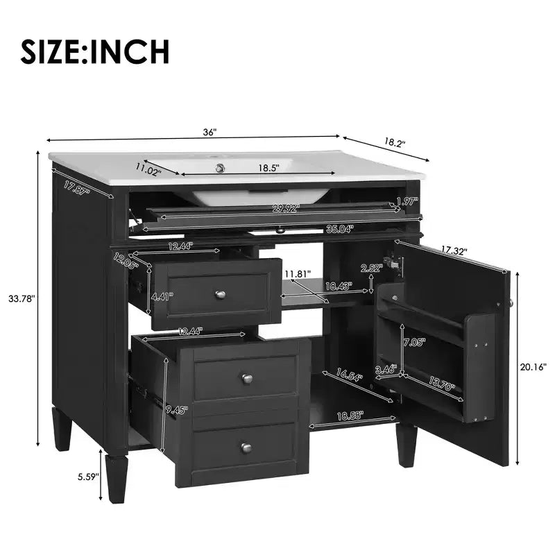 36 Single Sink Bathroom Vanity, Freestanding Vanity with 2 Drawers and 1 Tip-Out Drawer, Wood Bathroom Cabinet with Ceramic Basin Sink Top
