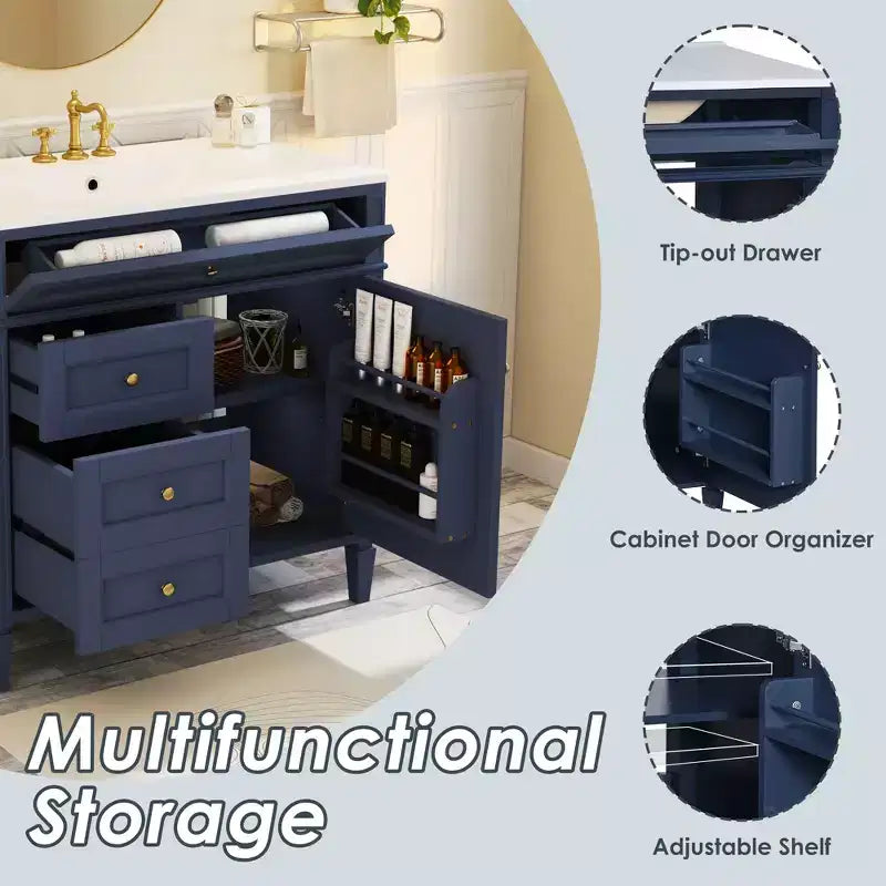 36 Single Sink Bathroom Vanity, Freestanding Vanity with 2 Drawers and 1 Tip-Out Drawer, Wood Bathroom Cabinet with Ceramic Basin Sink Top