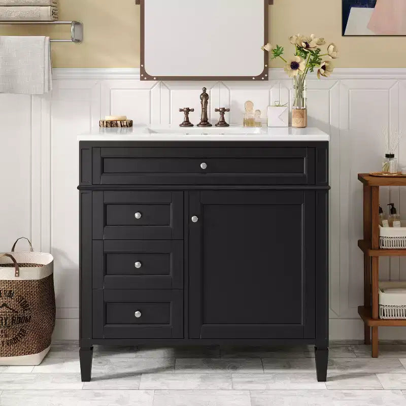 36 Single Sink Bathroom Vanity, Freestanding Vanity with 2 Drawers and 1 Tip-Out Drawer, Wood Bathroom Cabinet with Ceramic Basin Sink Top