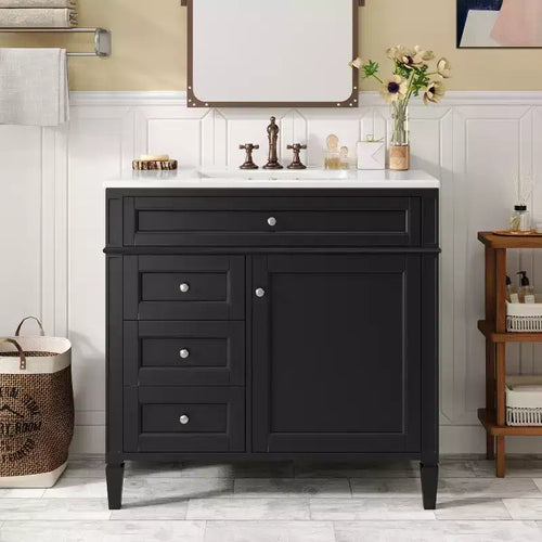 36 Single Sink Bathroom Vanity, Freestanding Vanity with 2 Drawers and 1 Tip-Out Drawer, Wood Bathroom Cabinet with Ceramic Basin Sink Top