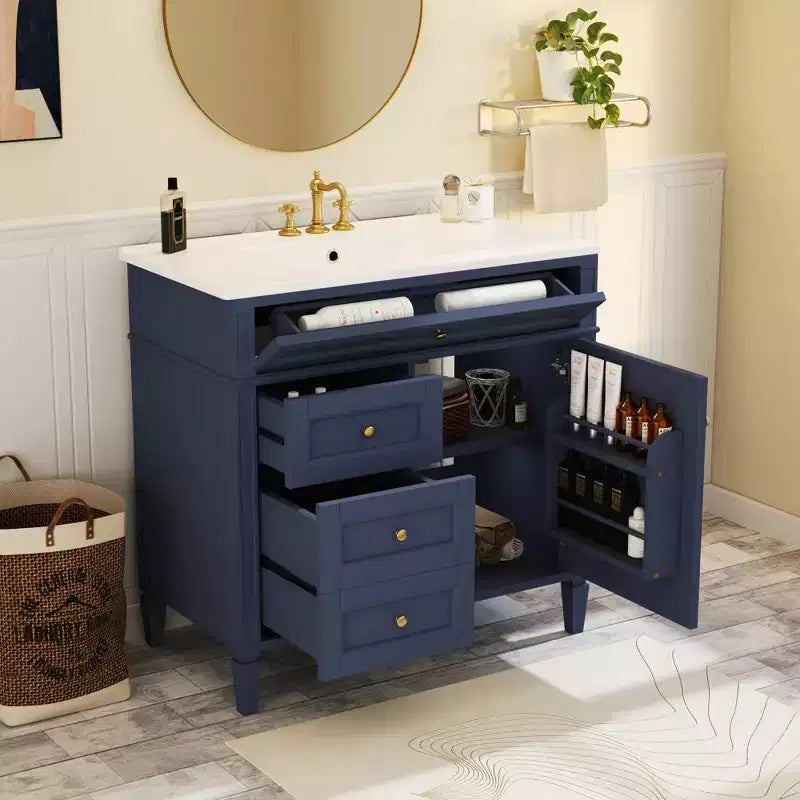36 Single Sink Bathroom Vanity, Freestanding Vanity with 2 Drawers and 1 Tip-Out Drawer, Wood Bathroom Cabinet with Ceramic Basin Sink Top