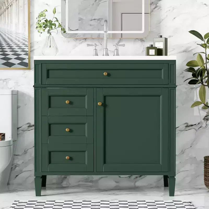 36 Single Sink Bathroom Vanity, Freestanding Vanity with 2 Drawers and 1 Tip-Out Drawer, Wood Bathroom Cabinet with Ceramic Basin Sink Top