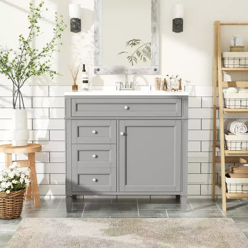 36 Single Sink Bathroom Vanity, Freestanding Vanity with 2 Drawers and 1 Tip-Out Drawer, Wood Bathroom Cabinet with Ceramic Basin Sink Top