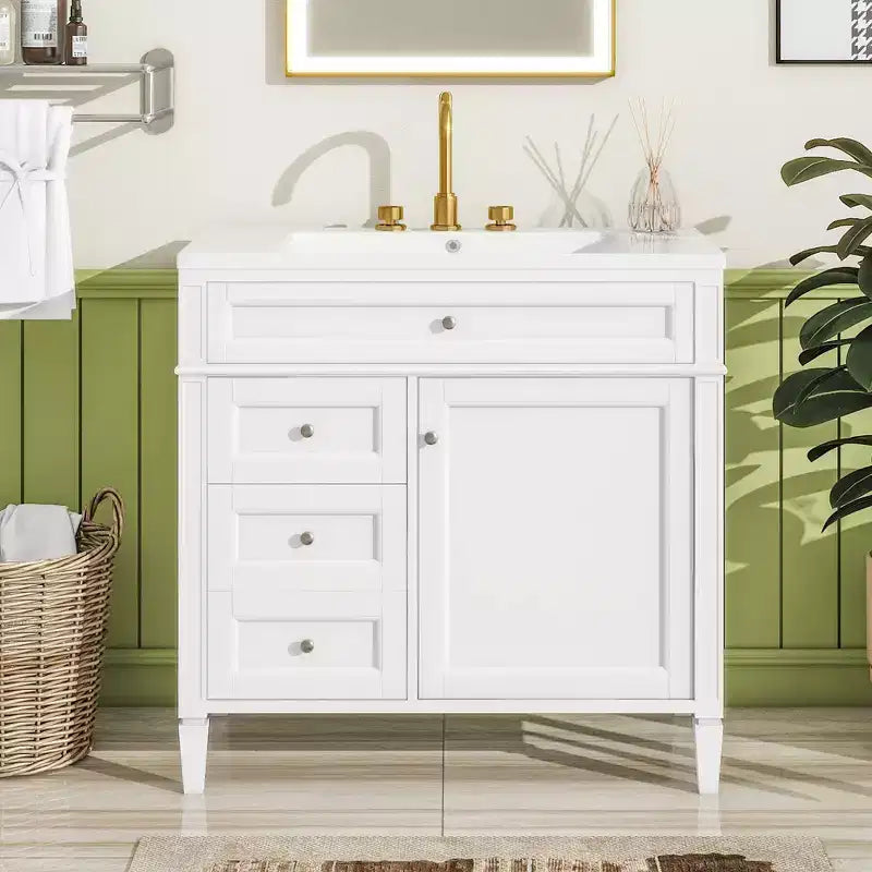 36 Single Sink Bathroom Vanity, Freestanding Vanity with 2 Drawers and 1 Tip-Out Drawer, Wood Bathroom Cabinet with Ceramic Basin Sink Top