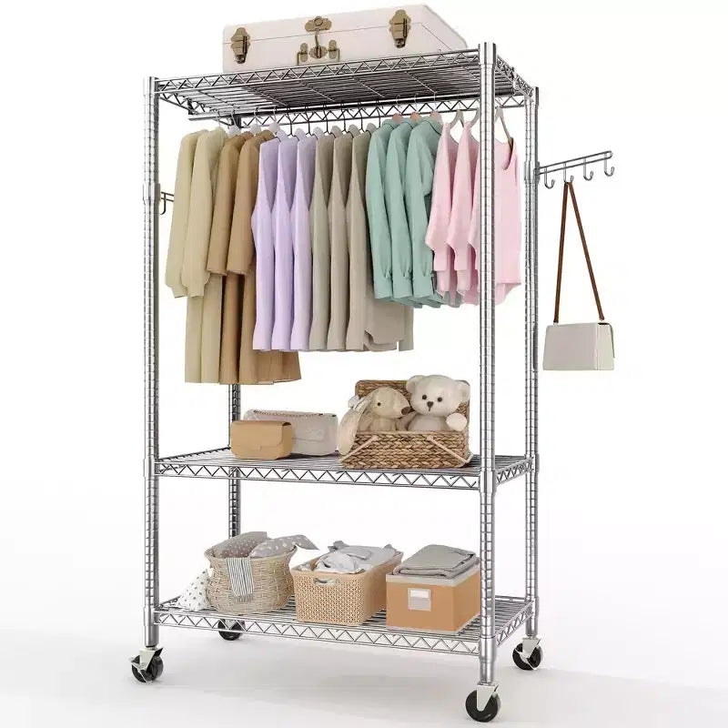 GustoWave 80 Heavy Duty Rolling Clothes Rack with Double Hanging Rods and Adjustable Shelves for Home Organization