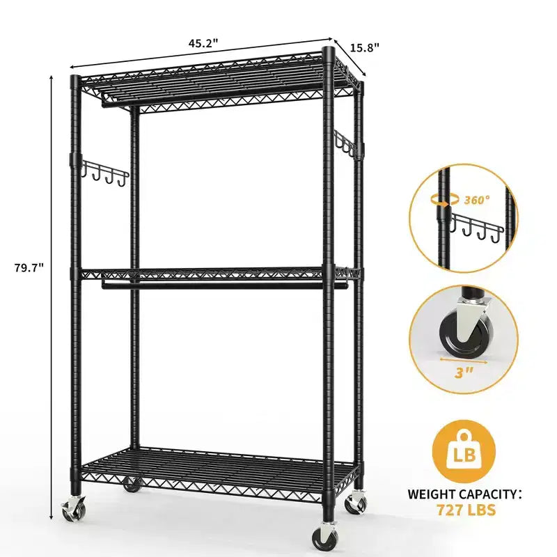 GustoWave 80 Heavy Duty Rolling Clothes Rack with Double Hanging Rods and Adjustable Shelves for Home Organization