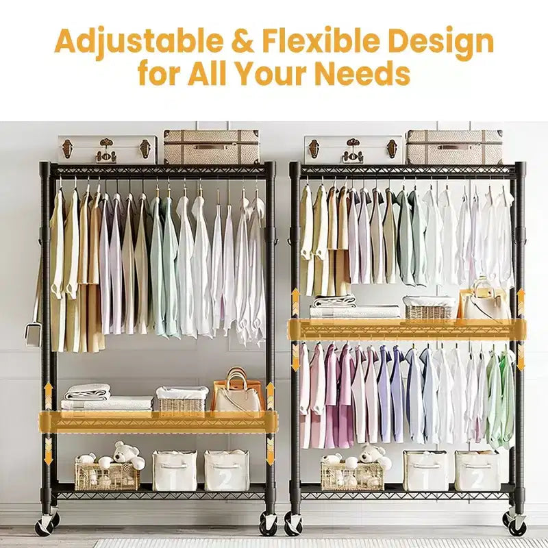 GustoWave 80 Heavy Duty Rolling Clothes Rack with Double Hanging Rods and Adjustable Shelves for Home Organization
