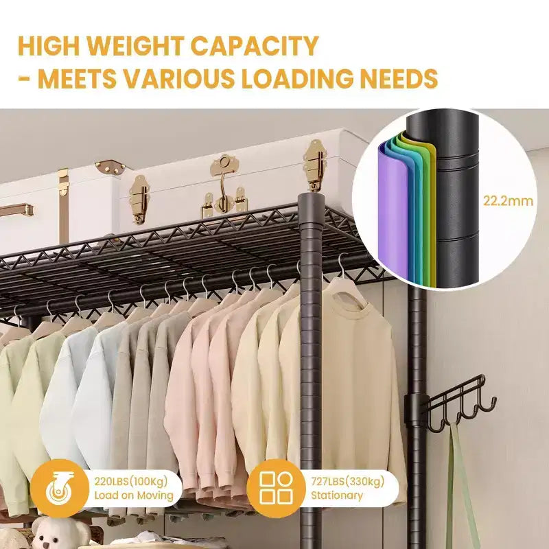 GustoWave 80 Heavy Duty Rolling Clothes Rack with Double Hanging Rods and Adjustable Shelves for Home Organization