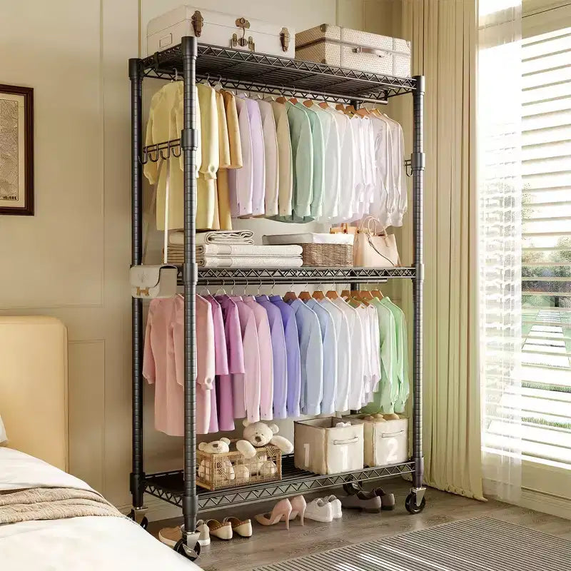 GustoWave 80 Heavy Duty Rolling Clothes Rack with Double Hanging Rods and Adjustable Shelves for Home Organization