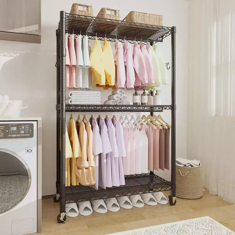 GustoWave 80 Heavy Duty Rolling Clothes Rack with Double Hanging Rods and Adjustable Shelves for Home Organization