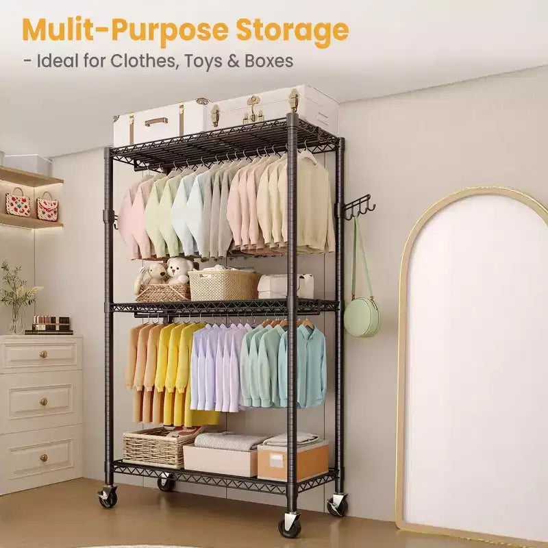 GustoWave 80 Heavy Duty Rolling Clothes Rack with Double Hanging Rods and Adjustable Shelves for Home Organization