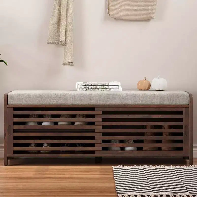TUYOHW Shoe Bench with Shutter Design & Cushion,Wood Veneer Entryway Storage Bench with Hidden Compartment- 5 Colors