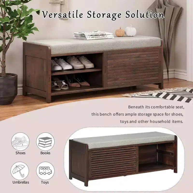 TUYOHW Shoe Bench with Shutter Design & Cushion,Wood Veneer Entryway Storage Bench with Hidden Compartment- 5 Colors