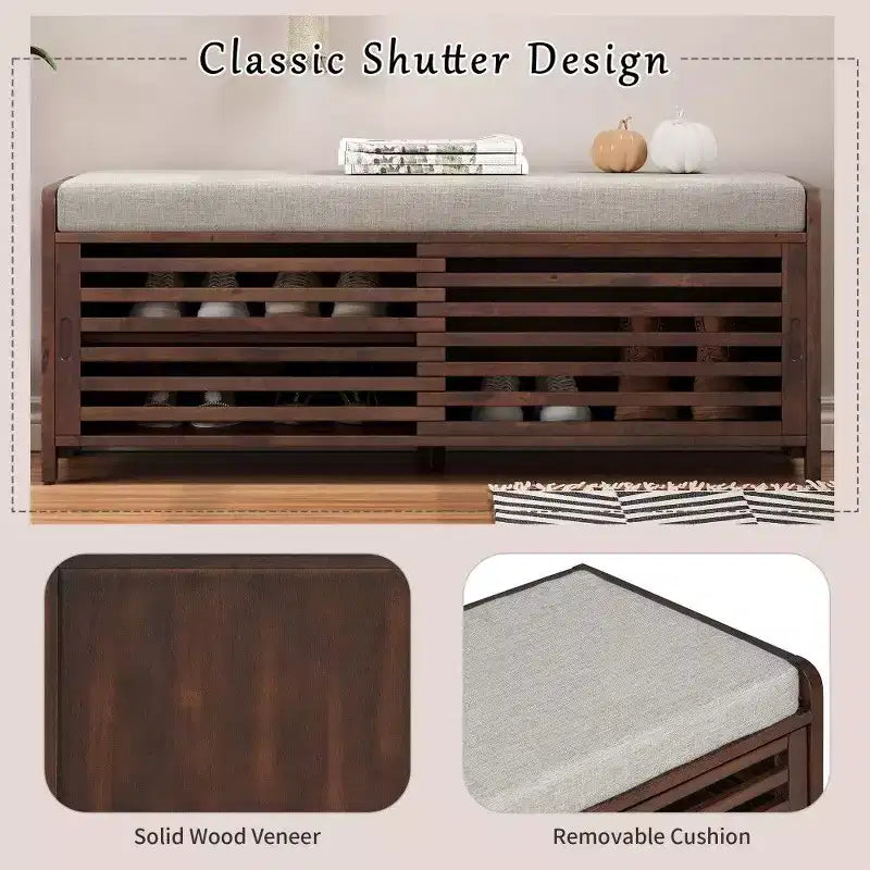 TUYOHW Shoe Bench with Shutter Design & Cushion,Wood Veneer Entryway Storage Bench with Hidden Compartment- 5 Colors