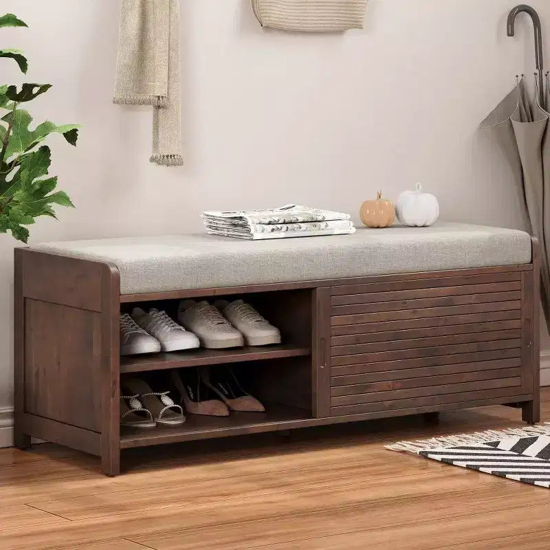 TUYOHW Shoe Bench with Shutter Design & Cushion,Wood Veneer Entryway Storage Bench with Hidden Compartment- 5 Colors