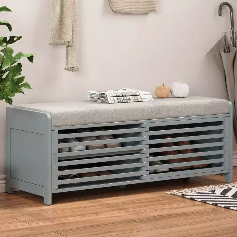 TUYOHW Shoe Bench with Shutter Design & Cushion,Wood Veneer Entryway Storage Bench with Hidden Compartment- 5 Colors