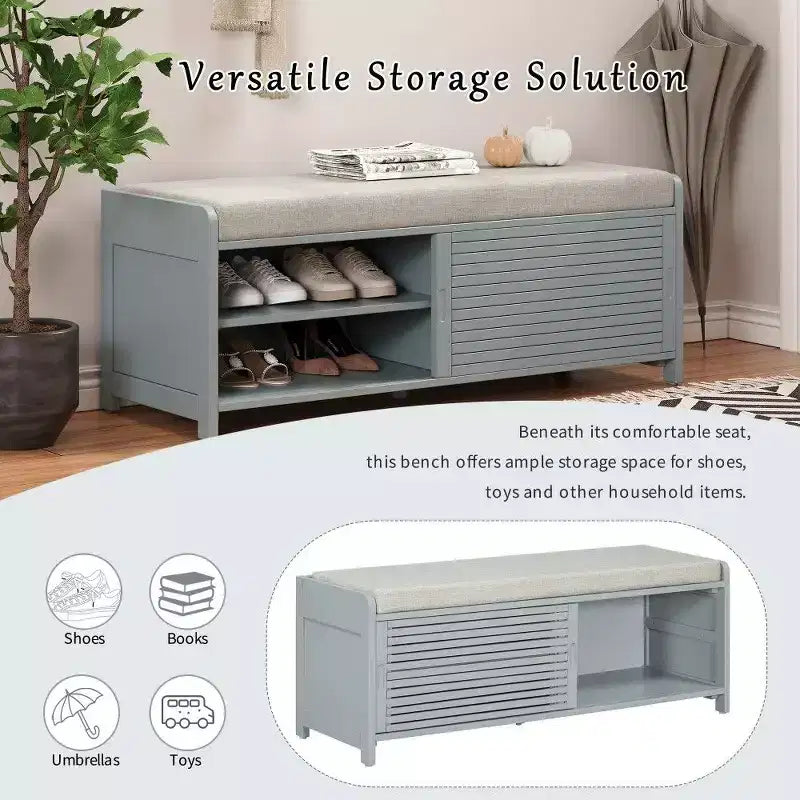 TUYOHW Shoe Bench with Shutter Design & Cushion,Wood Veneer Entryway Storage Bench with Hidden Compartment- 5 Colors