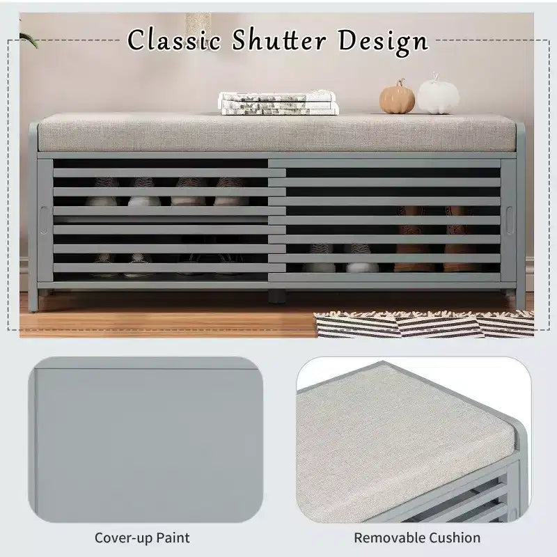 TUYOHW Shoe Bench with Shutter Design & Cushion,Wood Veneer Entryway Storage Bench with Hidden Compartment- 5 Colors