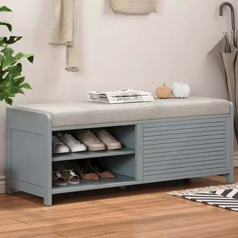 TUYOHW Shoe Bench with Shutter Design & Cushion,Wood Veneer Entryway Storage Bench with Hidden Compartment- 5 Colors
