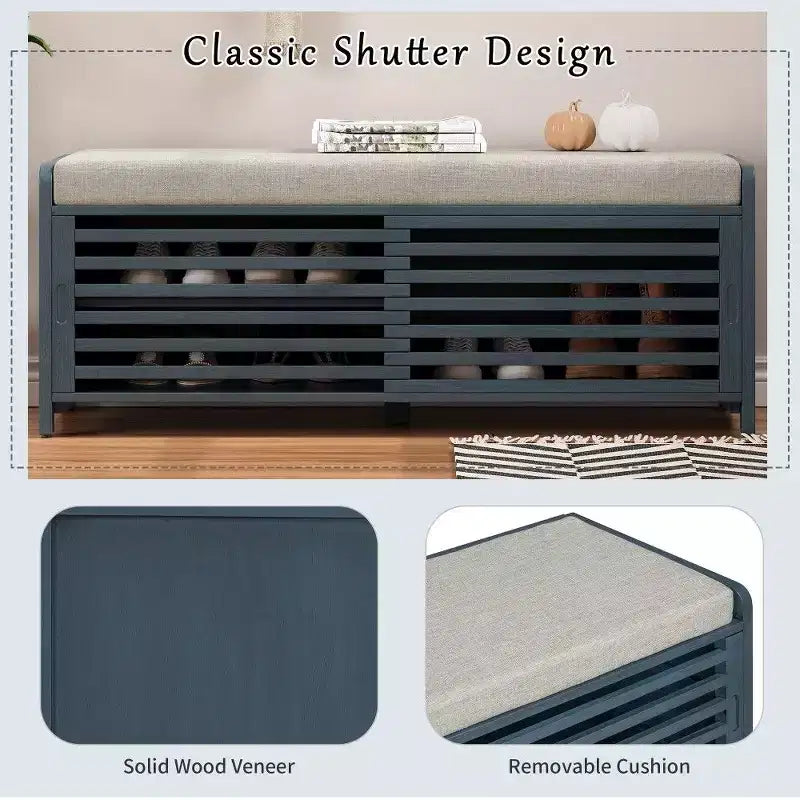 TUYOHW Shoe Bench with Shutter Design & Cushion,Wood Veneer Entryway Storage Bench with Hidden Compartment- 5 Colors