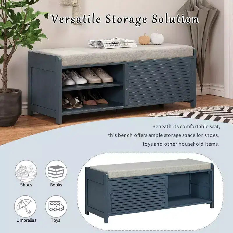 TUYOHW Shoe Bench with Shutter Design & Cushion,Wood Veneer Entryway Storage Bench with Hidden Compartment- 5 Colors