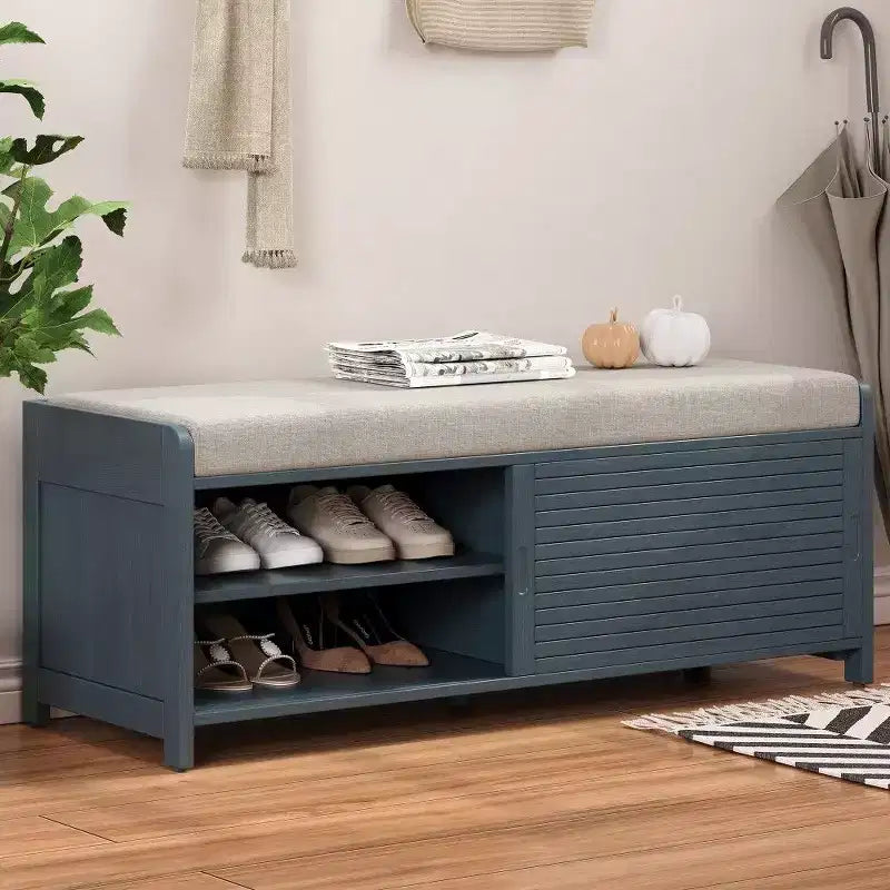 TUYOHW Shoe Bench with Shutter Design & Cushion,Wood Veneer Entryway Storage Bench with Hidden Compartment- 5 Colors
