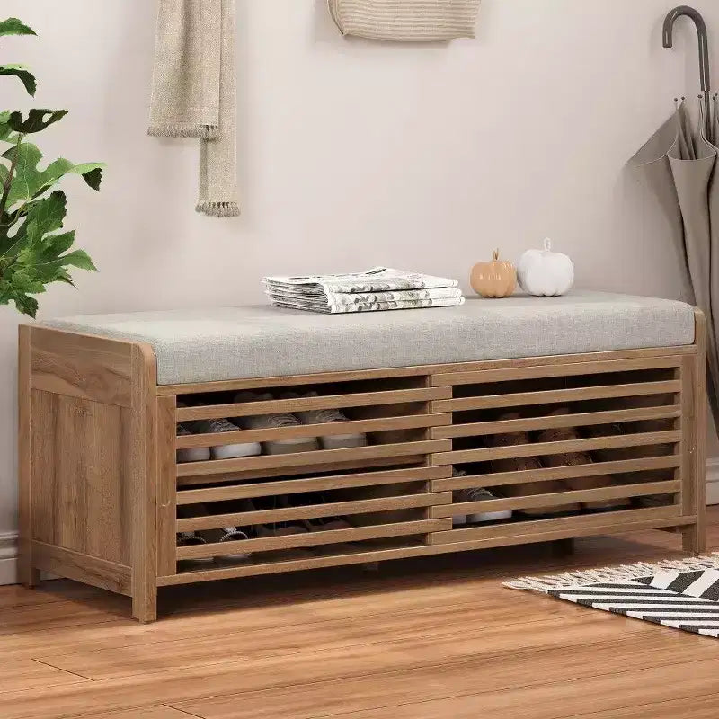 TUYOHW Shoe Bench with Shutter Design & Cushion,Wood Veneer Entryway Storage Bench with Hidden Compartment- 5 Colors