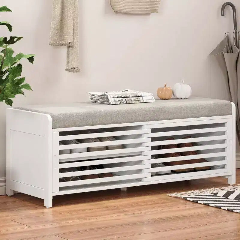 TUYOHW Shoe Bench with Shutter Design & Cushion,Wood Veneer Entryway Storage Bench with Hidden Compartment- 5 Colors