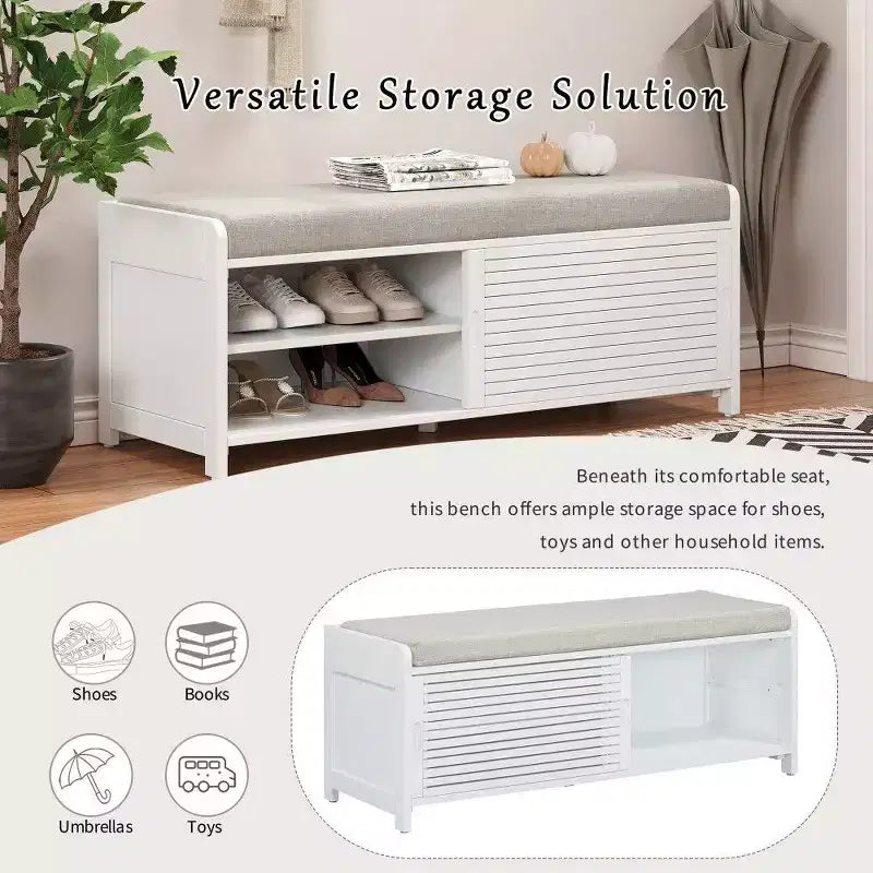 TUYOHW Shoe Bench with Shutter Design & Cushion,Wood Veneer Entryway Storage Bench with Hidden Compartment- 5 Colors