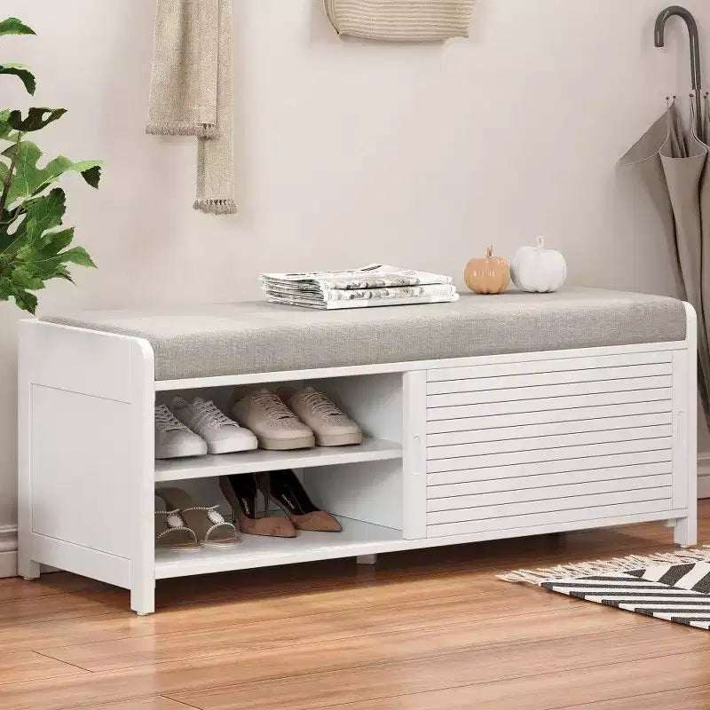 TUYOHW Shoe Bench with Shutter Design & Cushion,Wood Veneer Entryway Storage Bench with Hidden Compartment- 5 Colors