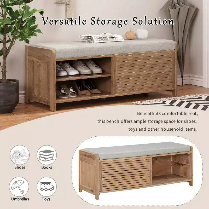 TUYOHW Shoe Bench with Shutter Design & Cushion,Wood Veneer Entryway Storage Bench with Hidden Compartment- 5 Colors
