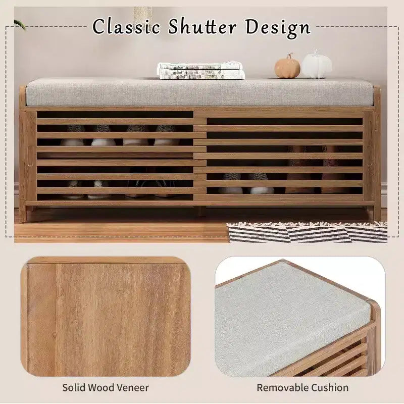 TUYOHW Shoe Bench with Shutter Design & Cushion,Wood Veneer Entryway Storage Bench with Hidden Compartment- 5 Colors