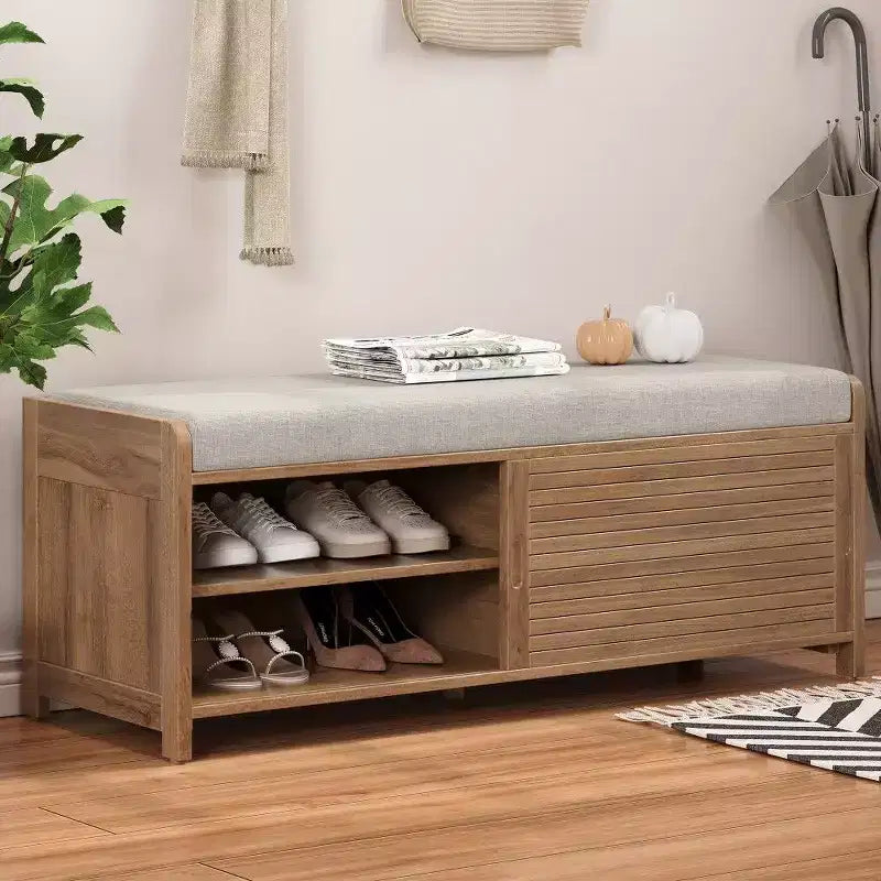 TUYOHW Shoe Bench with Shutter Design & Cushion,Wood Veneer Entryway Storage Bench with Hidden Compartment- 5 Colors