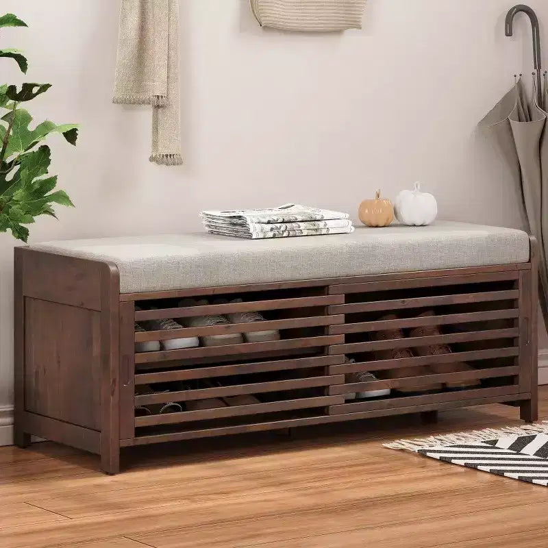 TUYOHW Shoe Bench with Shutter Design & Cushion,Wood Veneer Entryway Storage Bench with Hidden Compartment- 5 Colors