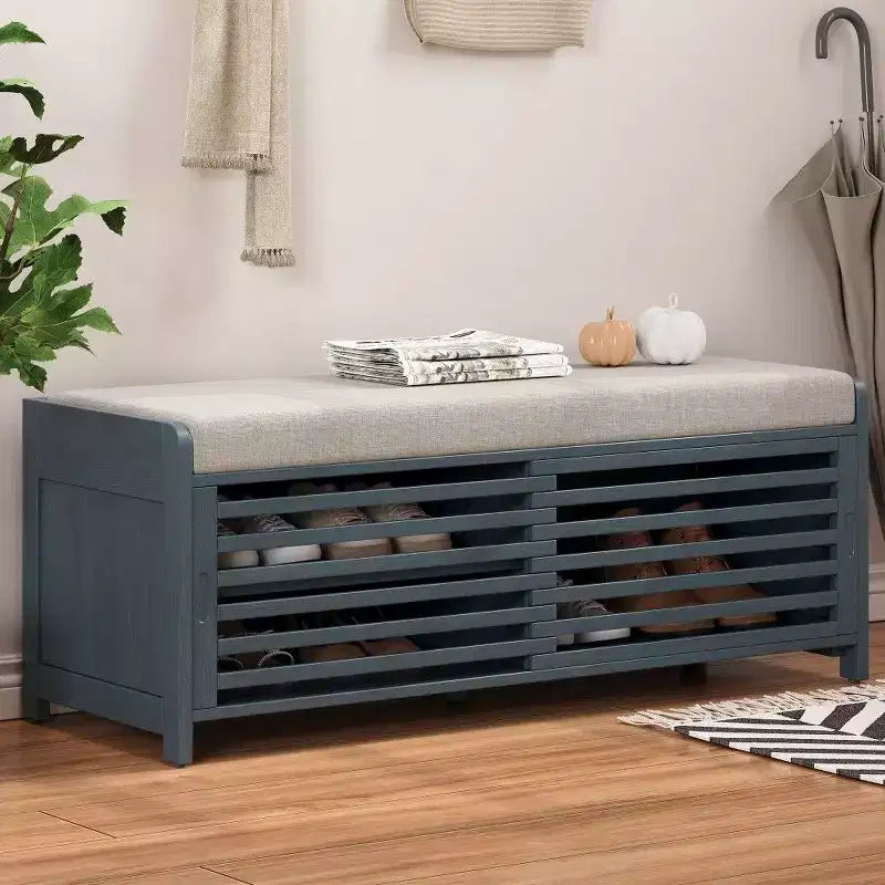 TUYOHW Shoe Bench with Shutter Design & Cushion,Wood Veneer Entryway Storage Bench with Hidden Compartment- 5 Colors