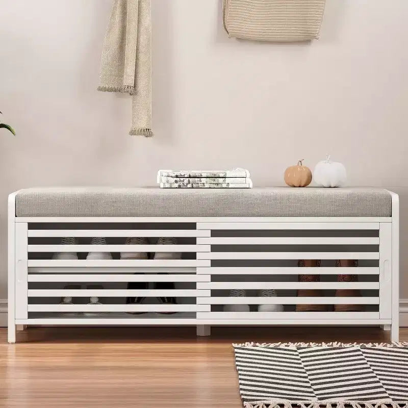 TUYOHW Shoe Bench with Shutter Design & Cushion,Wood Veneer Entryway Storage Bench with Hidden Compartment- 5 Colors